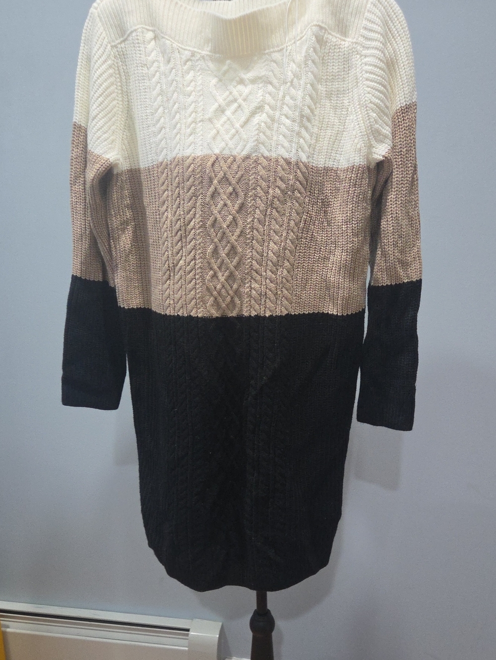 Tommy Hilfiger Cream, Tan & Black Colorblock Cable Knit Sweater Dress